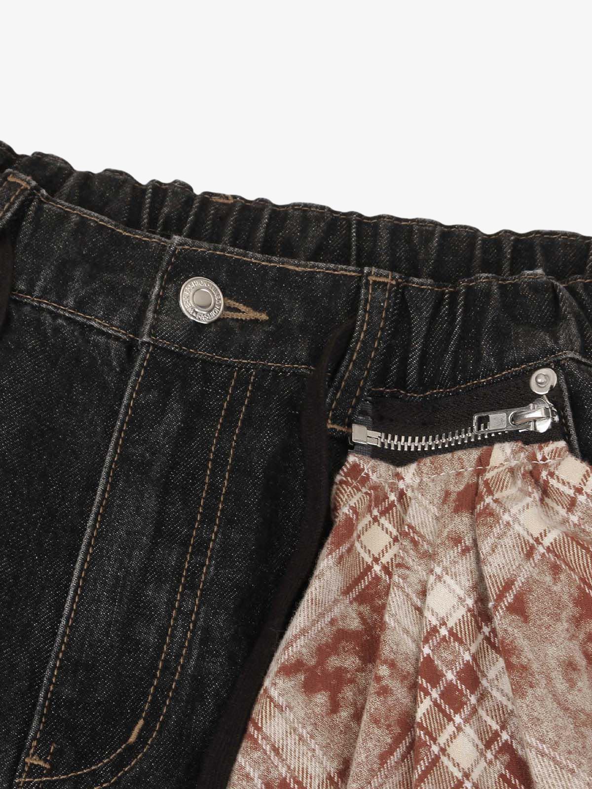 Patchwork Plaid Pleated Baggy Barrel Jeans - 2334 - Image 7