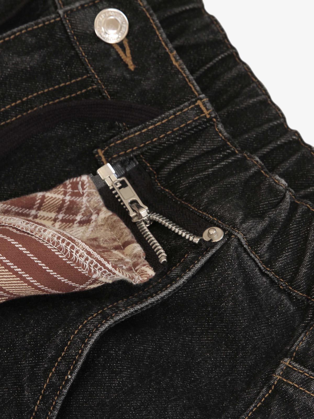 Patchwork Plaid Pleated Baggy Barrel Jeans - 2334 - Image 9