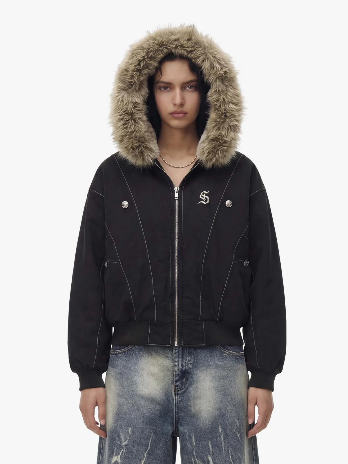 Faux Fur Lined Zip Up Hooded Bomber Jacket - Image 3