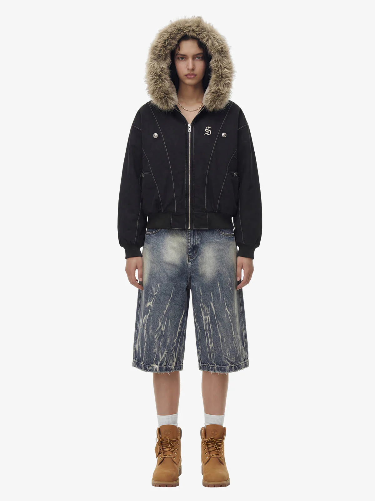 Faux Fur Lined Zip Up Hooded Bomber Jacket - Image 7