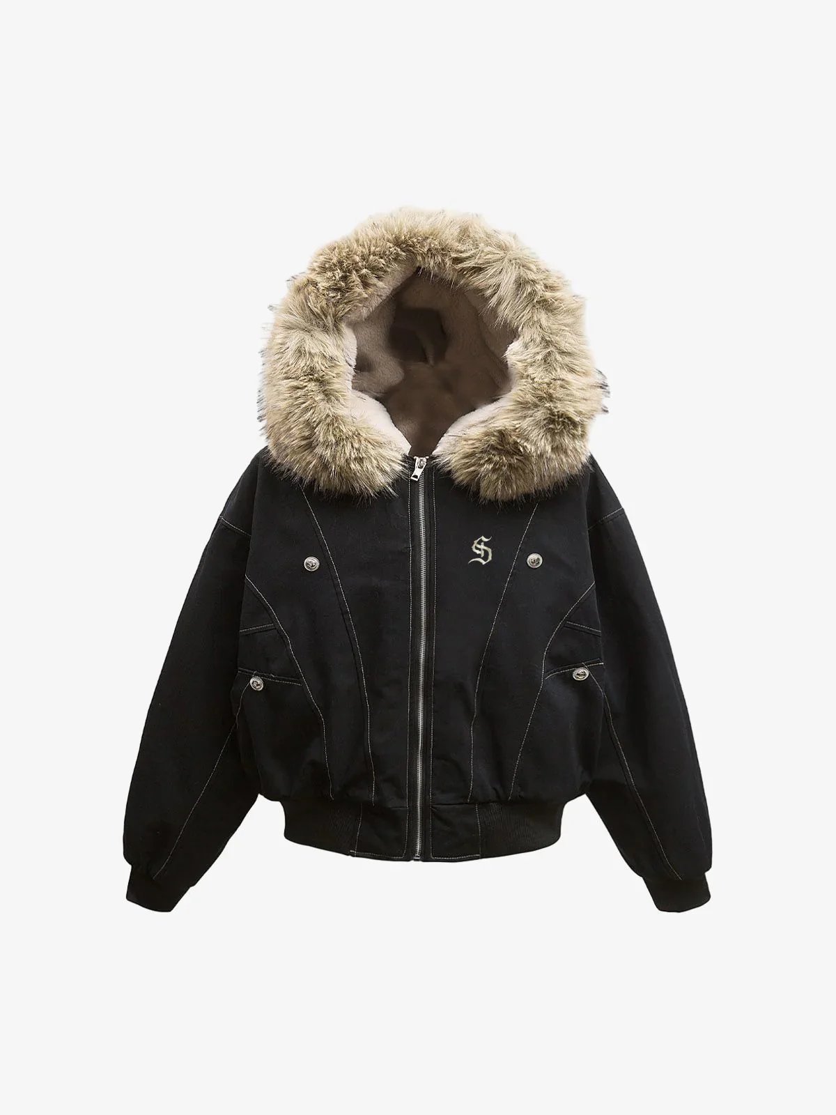 Faux Fur Lined Zip Up Hooded Bomber Jacket - Image 9