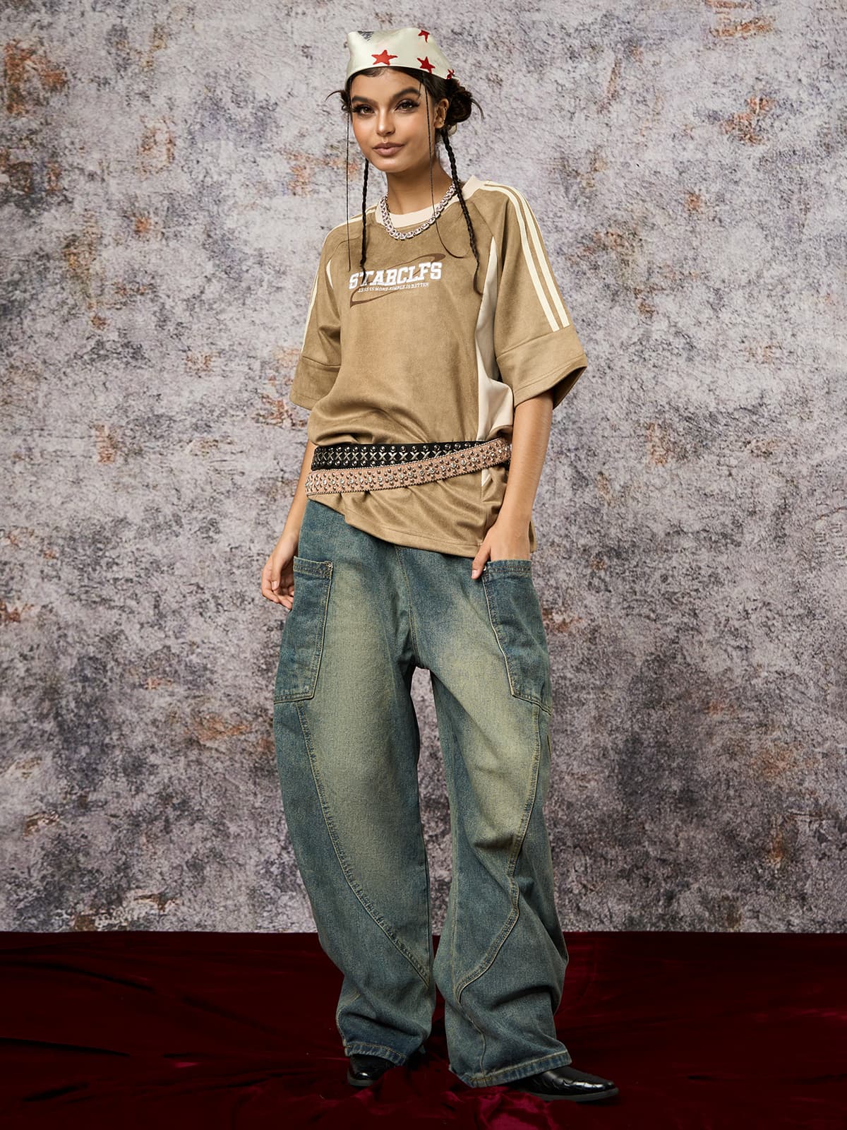 Suede Contrast Color Spliced Letter Embroidery Oversize T-shirt - 2462 - Image 13