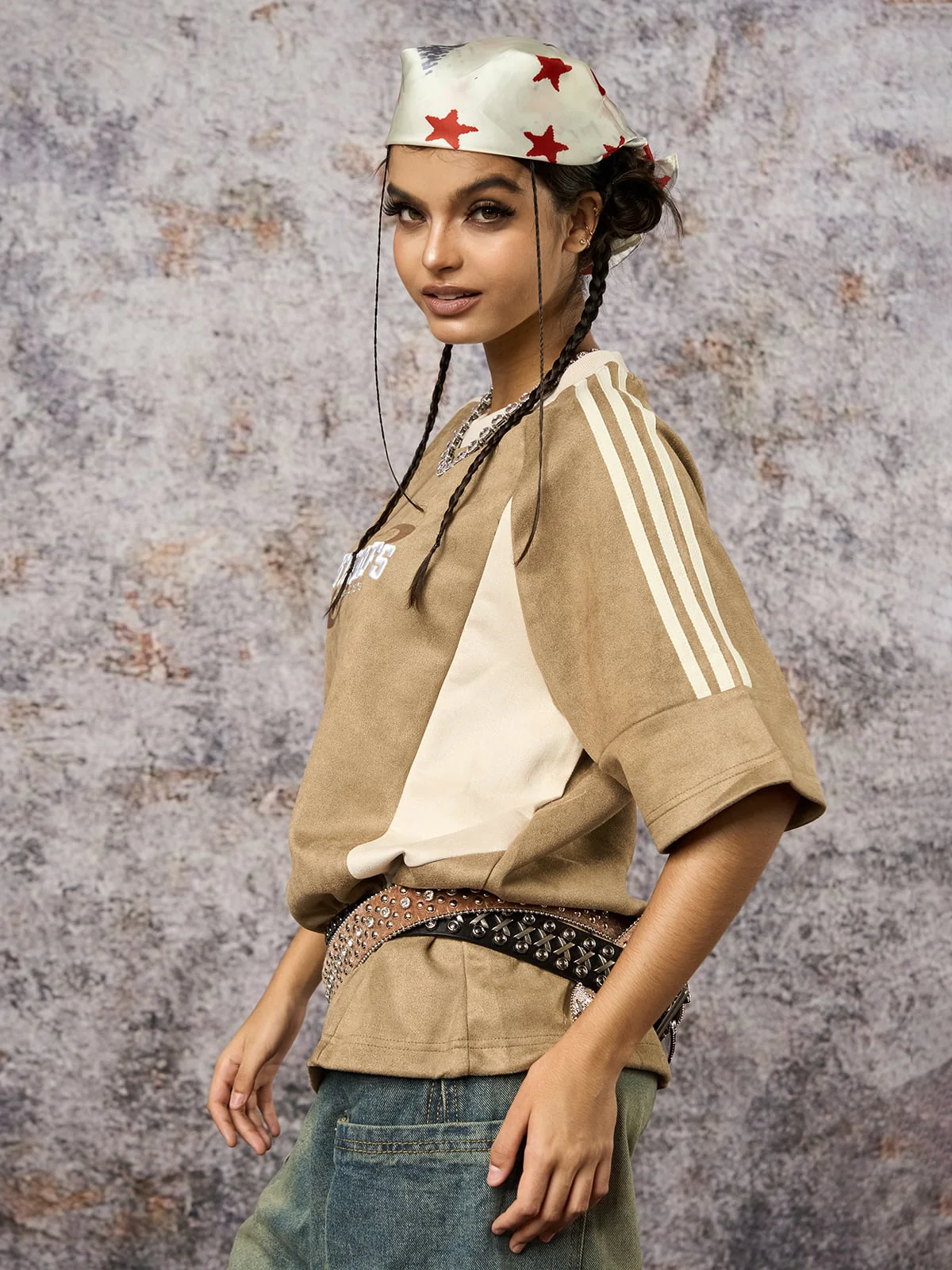 Suede Contrast Color Spliced Letter Embroidery Oversize T-shirt - 2462 - Image 8