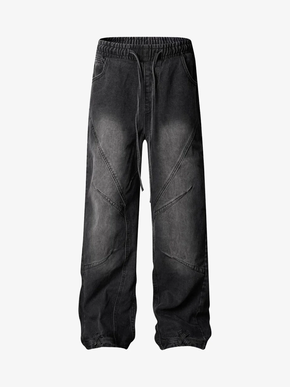 Washed Distressed Deconstructed Split Drawstring Jeans - Image 3