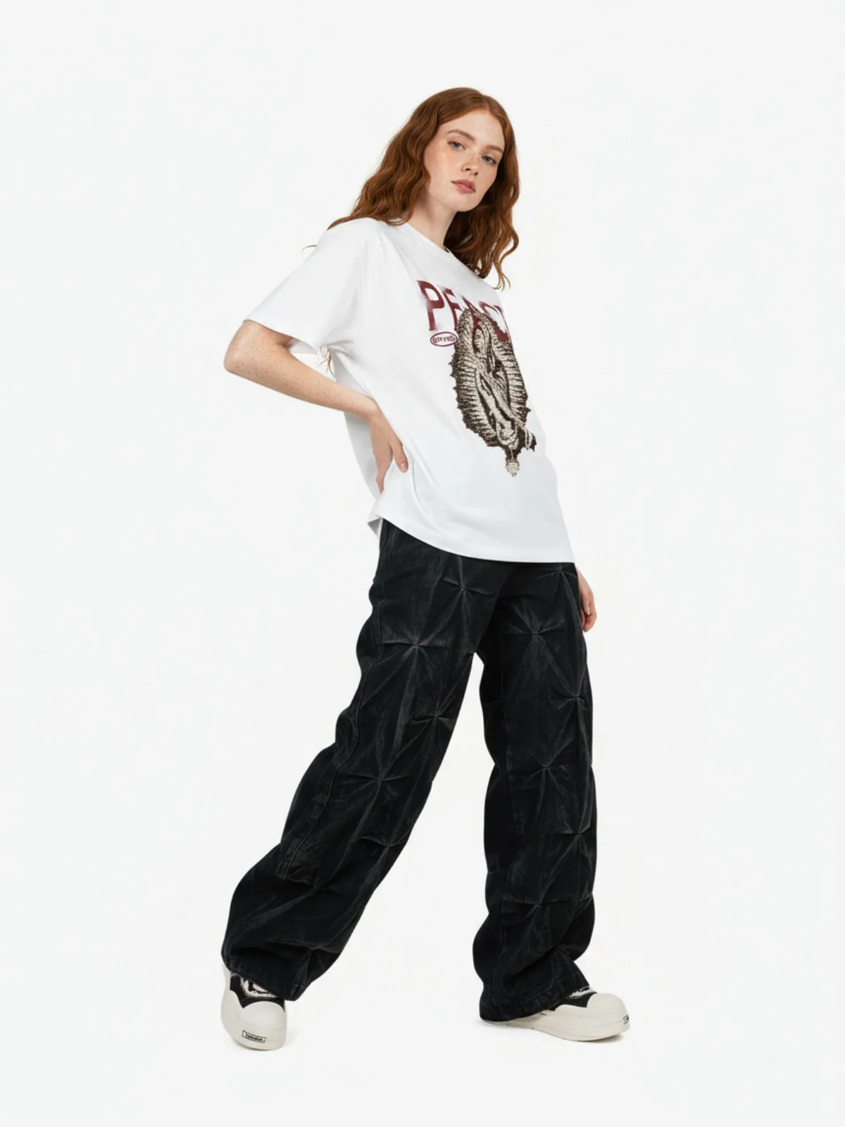 Denim Heavy Washed Distressed Pleated Baggy Jeans - 2282 - Image 4