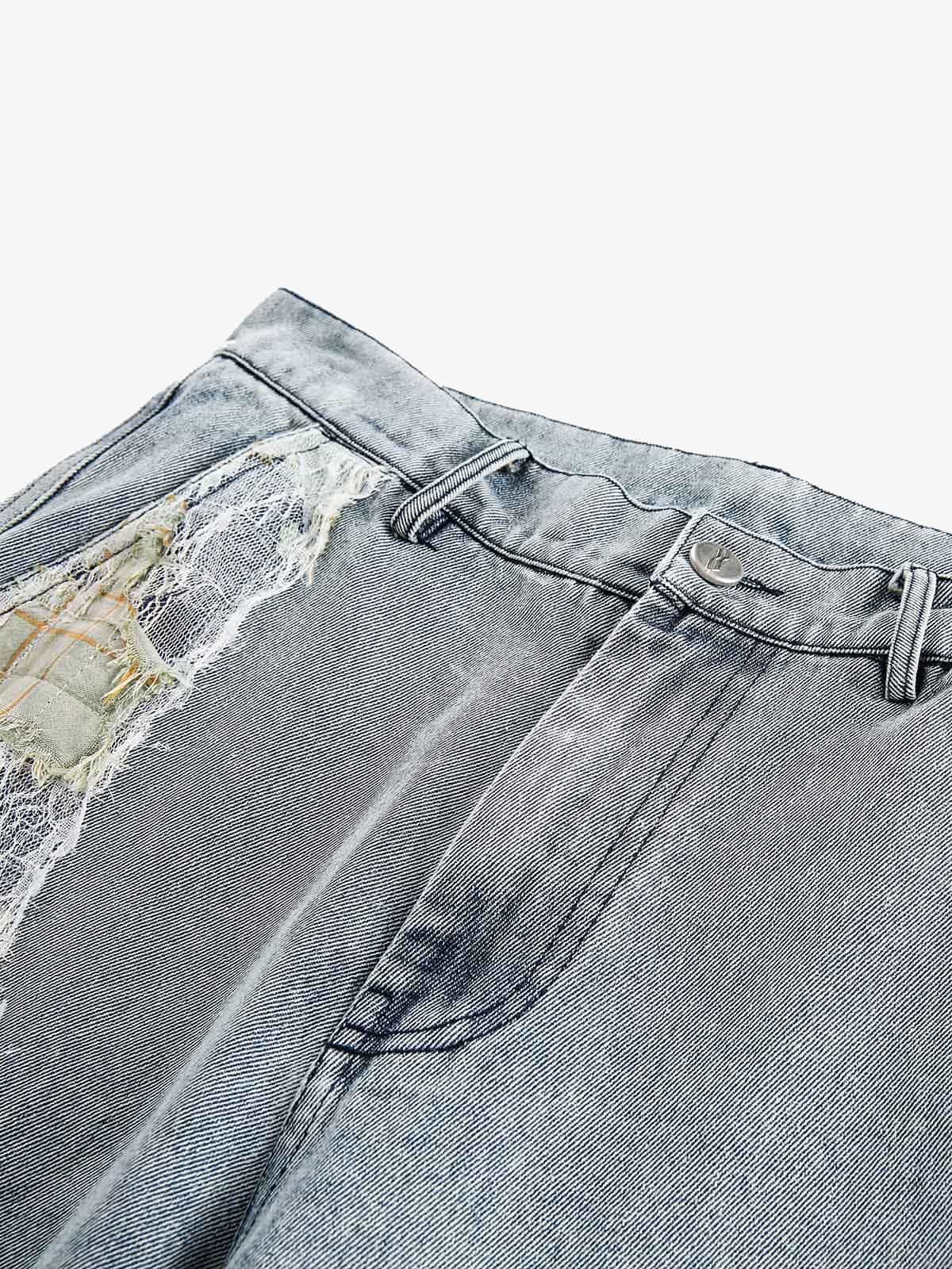 Ripped Lace Patchwork Straight Jeans - Image 3