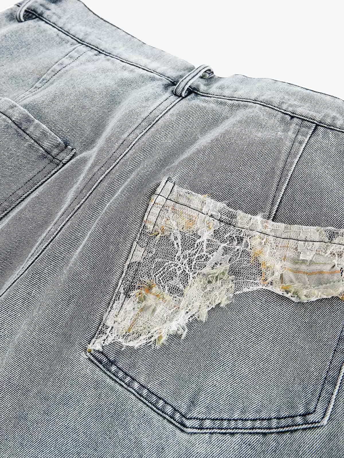 Ripped Lace Patchwork Straight Jeans - Image 4