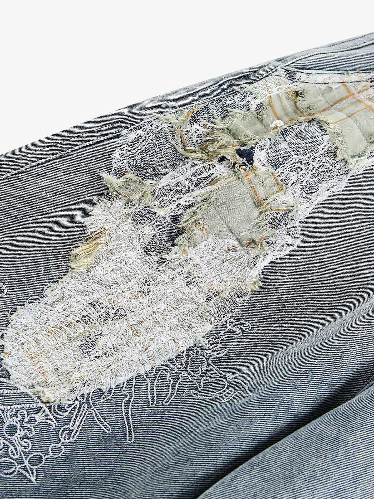 Ripped Lace Patchwork Straight Jeans - Image 6