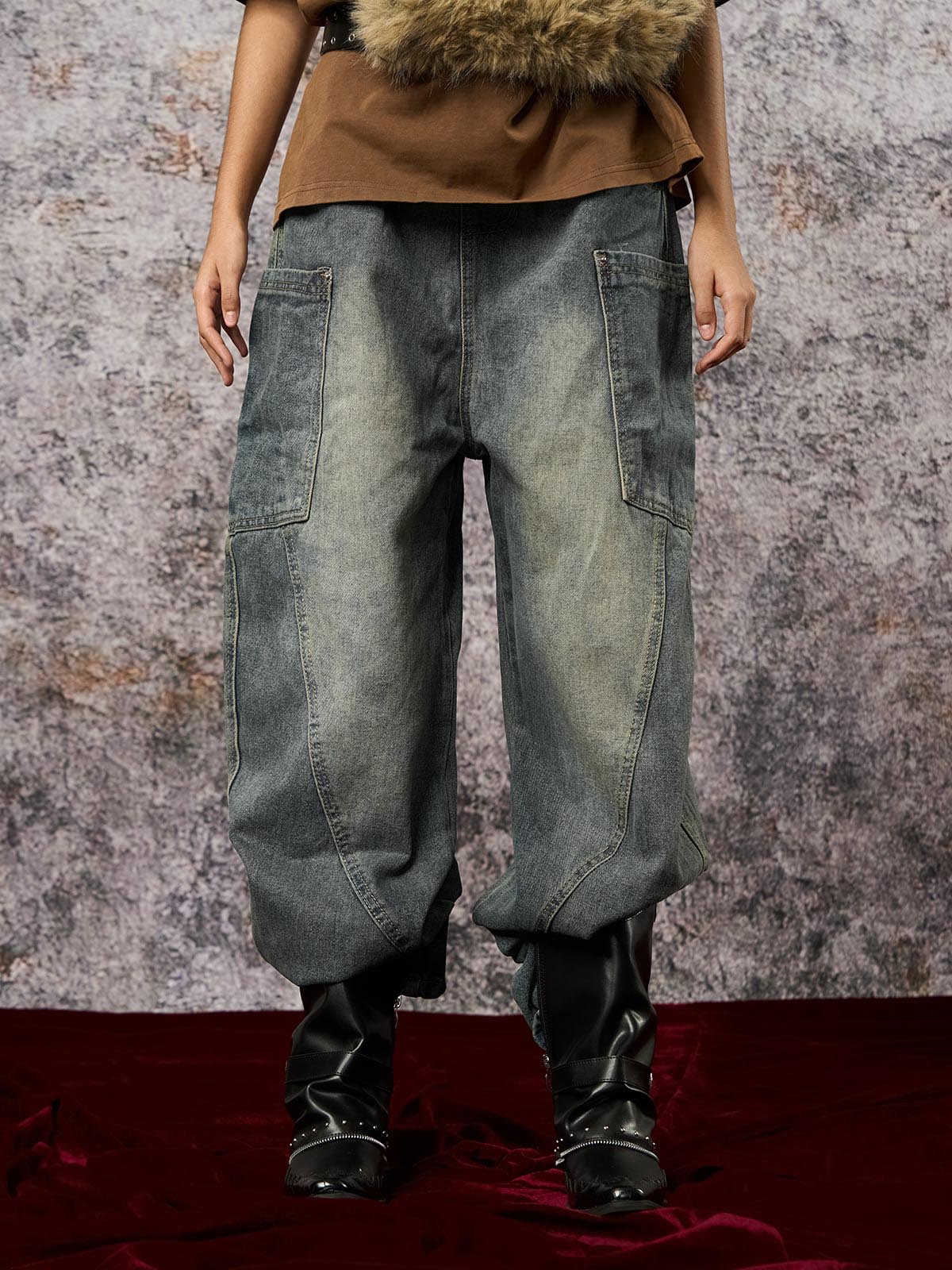 Washed Distressed Split Drawstring Barrel Jeans - Image 2