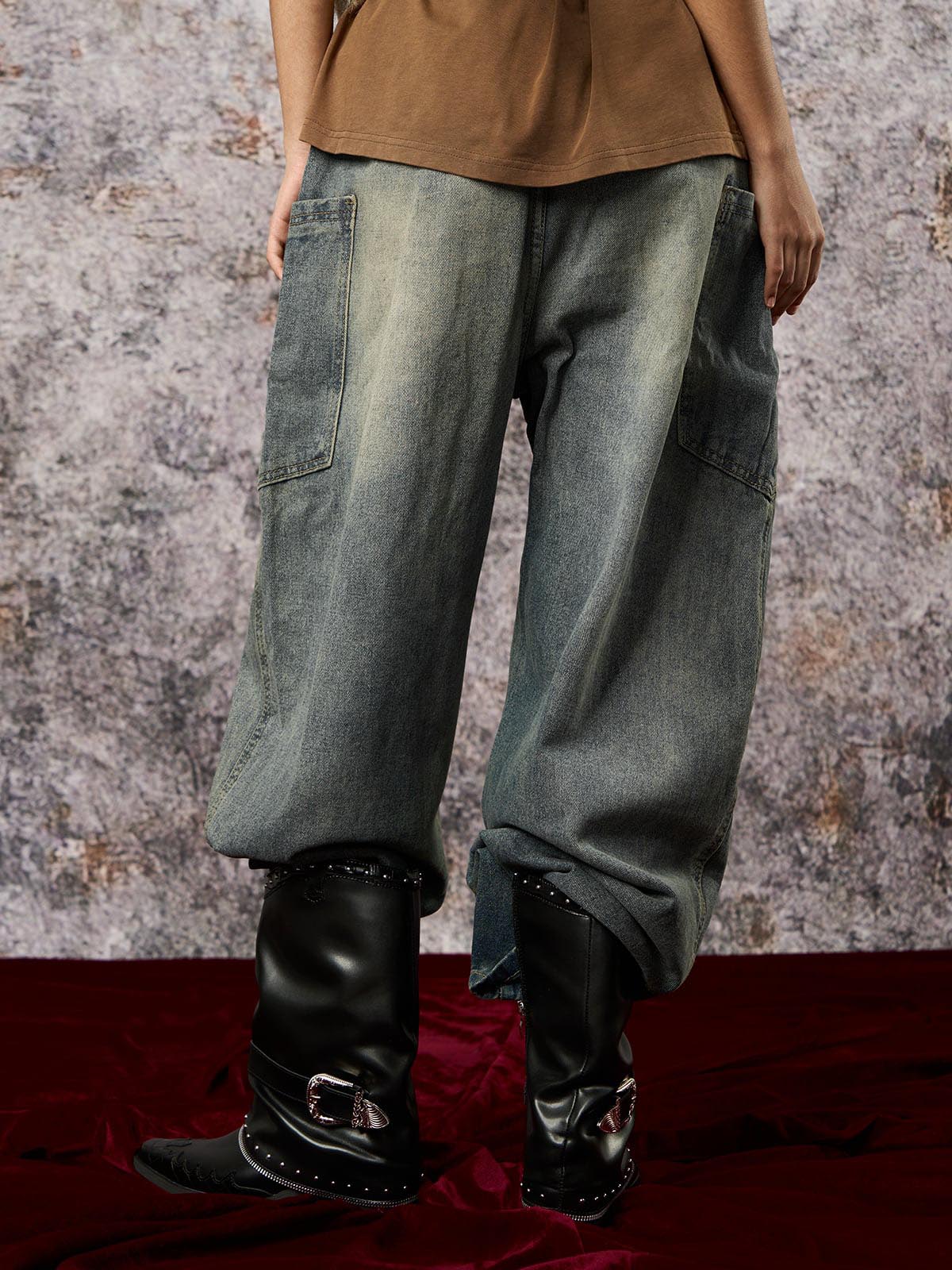 Washed Distressed Split Drawstring Barrel Jeans - Image 3
