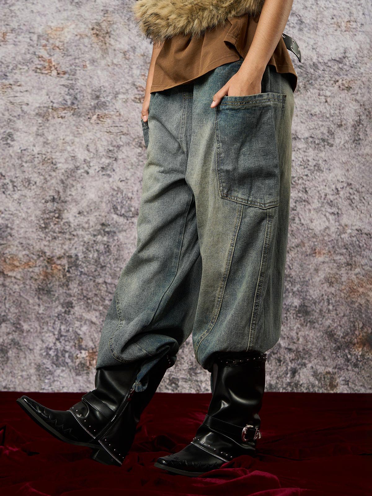 Washed Distressed Split Drawstring Barrel Jeans - Image 4