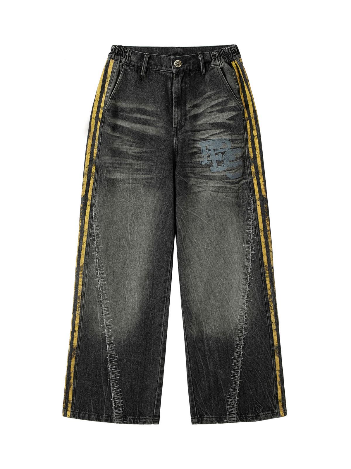Distressed Striped Side Chain Patchwork Ripped Straight Jeans - 2391