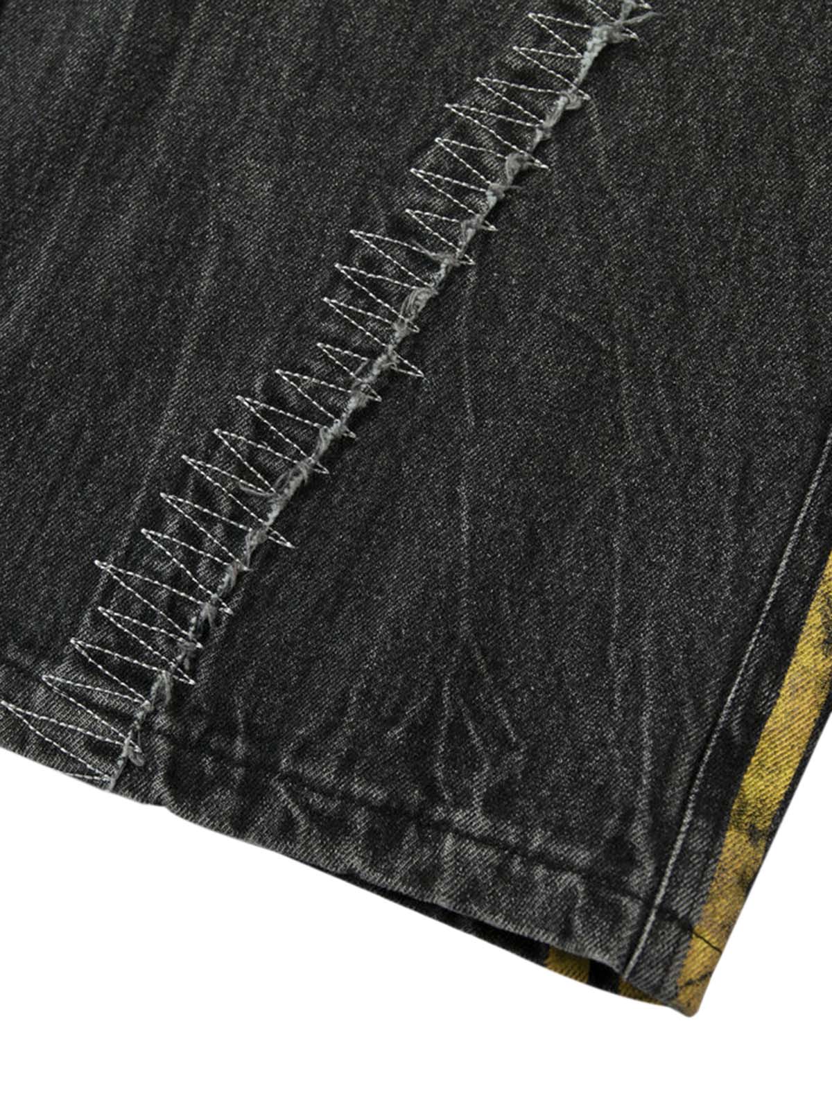 Distressed Striped Side Chain Patchwork Ripped Straight Jeans - 2391 - Image 4