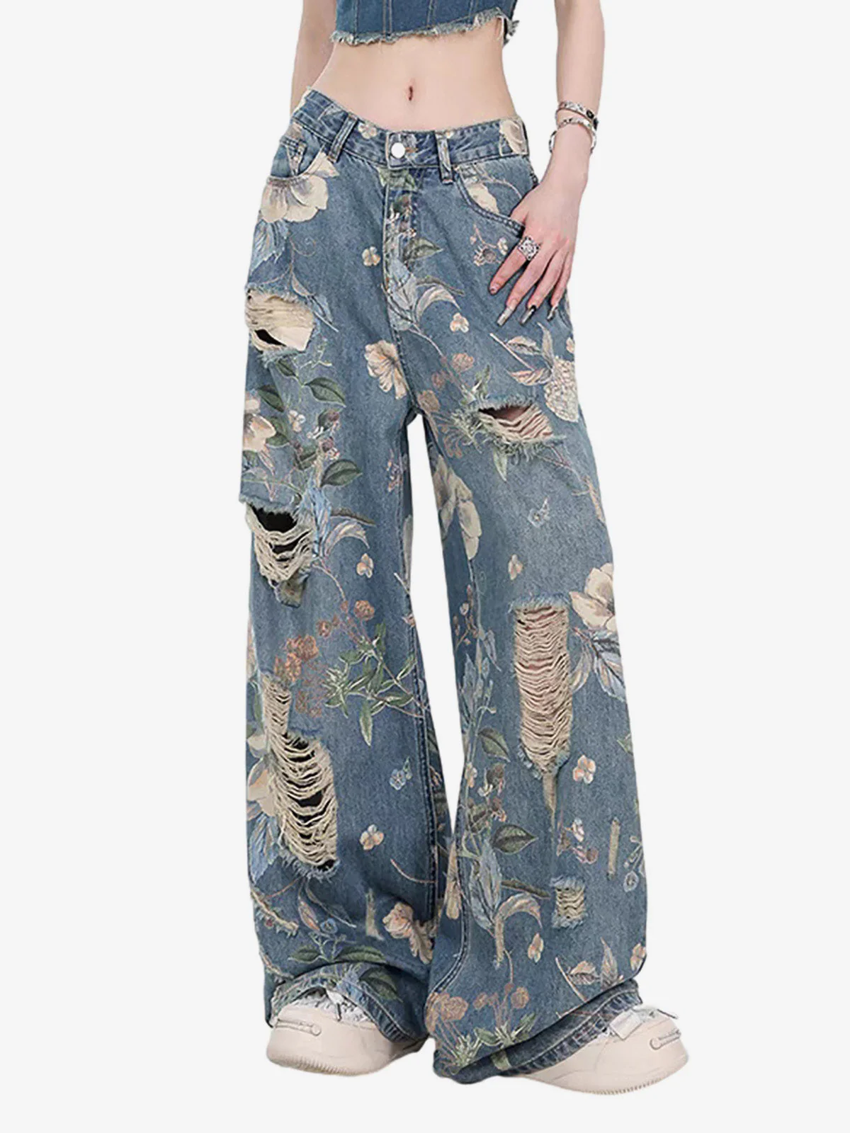 Vintage Washed Distressed Floral Ripped Baggy Jeans - Image 2