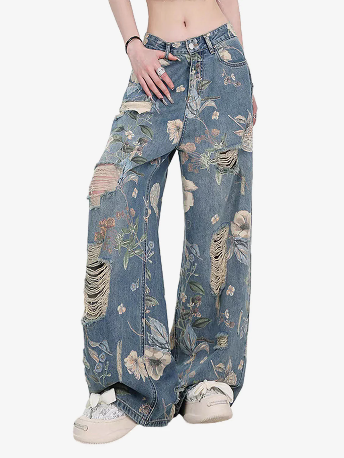 Vintage Washed Distressed Floral Ripped Baggy Jeans - Image 3
