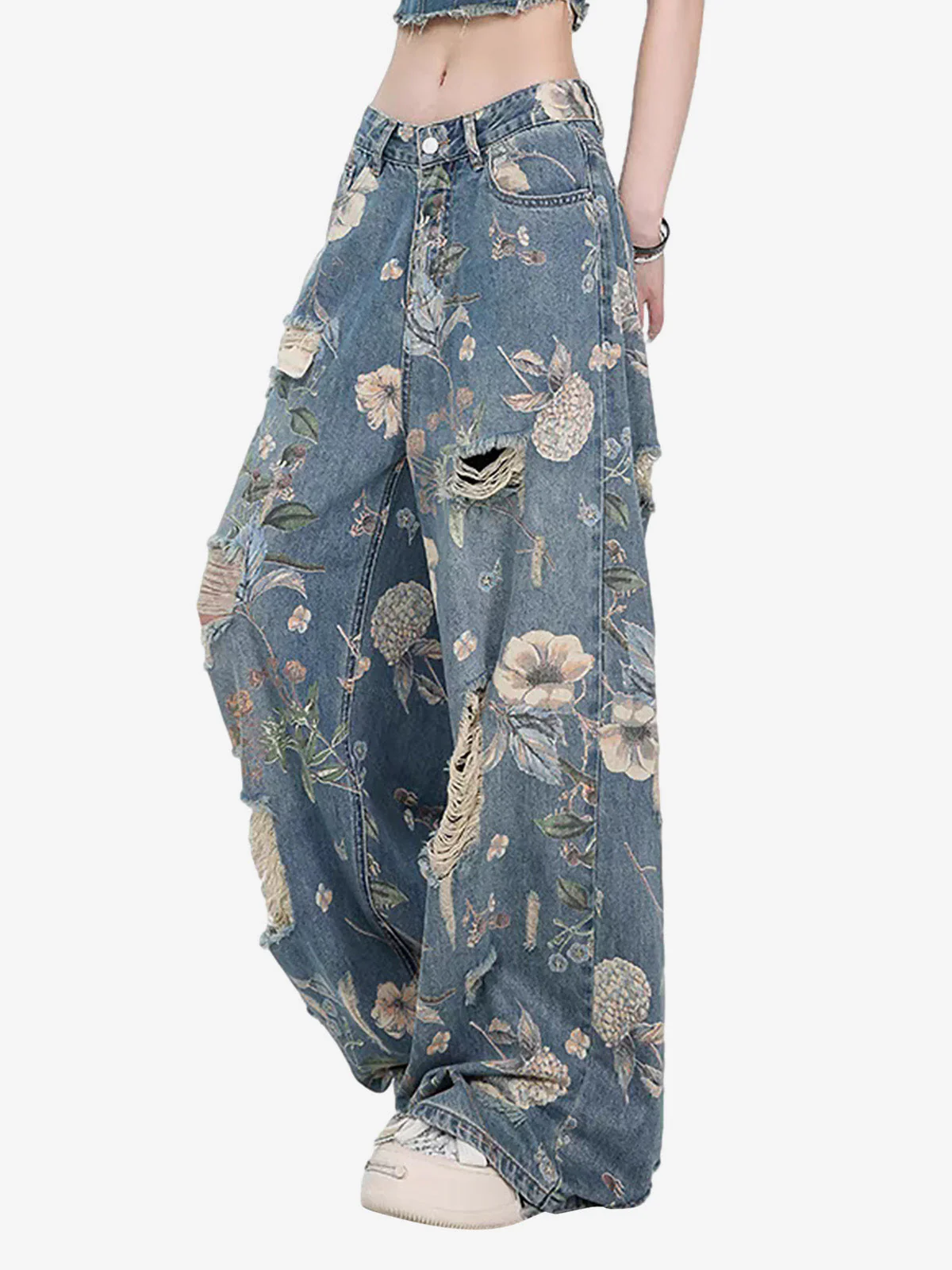 Vintage Washed Distressed Floral Ripped Baggy Jeans - Image 4