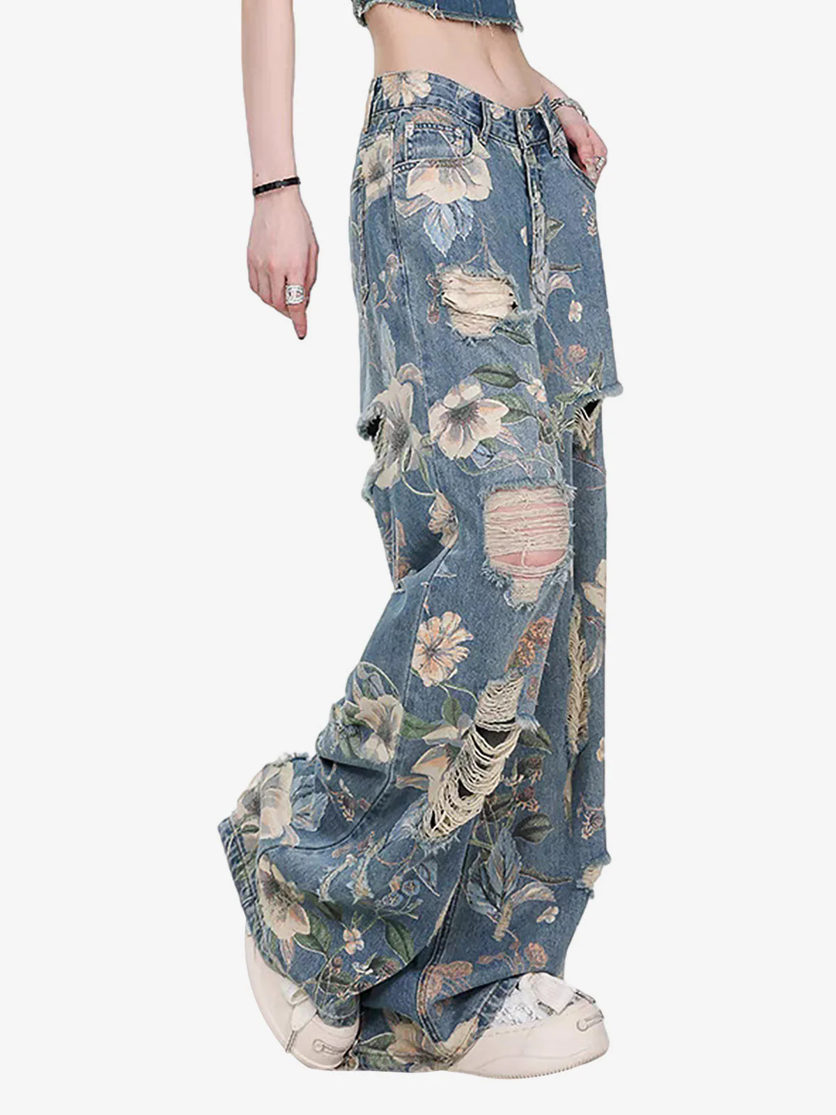 Vintage Washed Distressed Floral Ripped Baggy Jeans - Image 5
