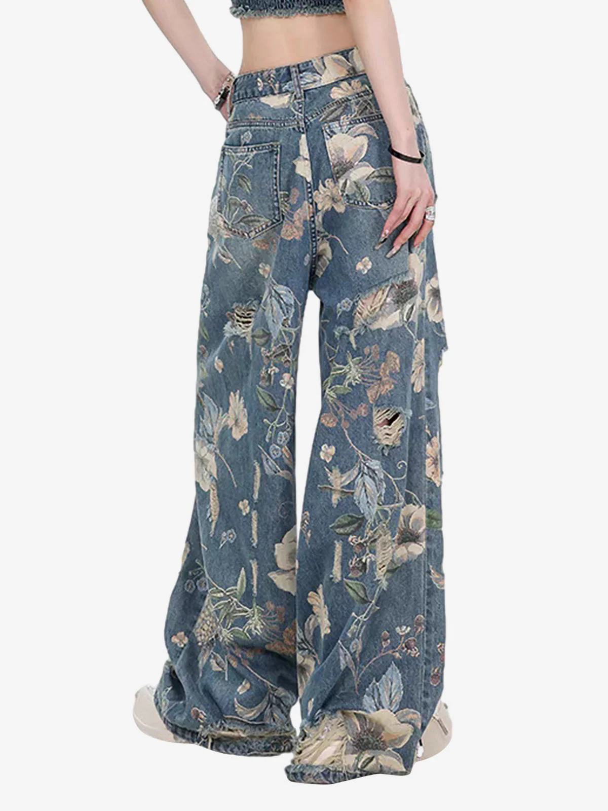 Vintage Washed Distressed Floral Ripped Baggy Jeans - Image 6