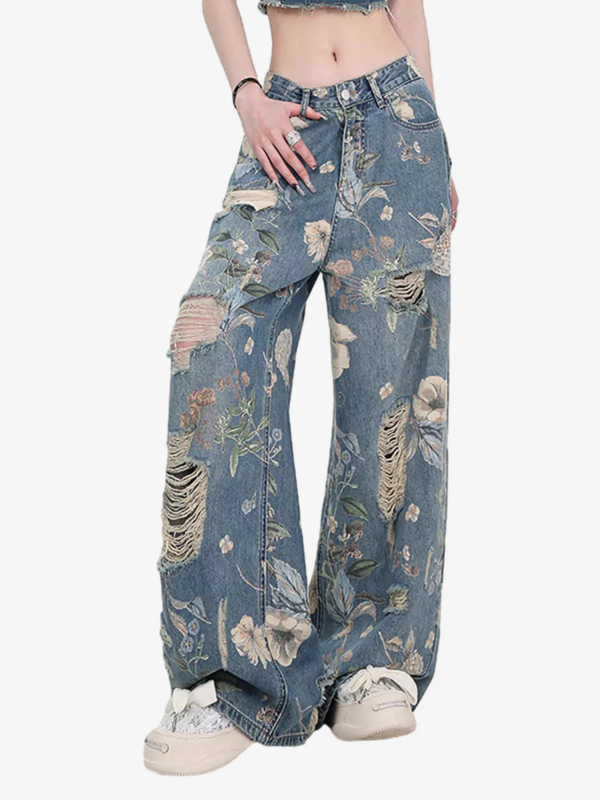 Vintage Washed Distressed Floral Ripped Baggy Jeans - Image 7