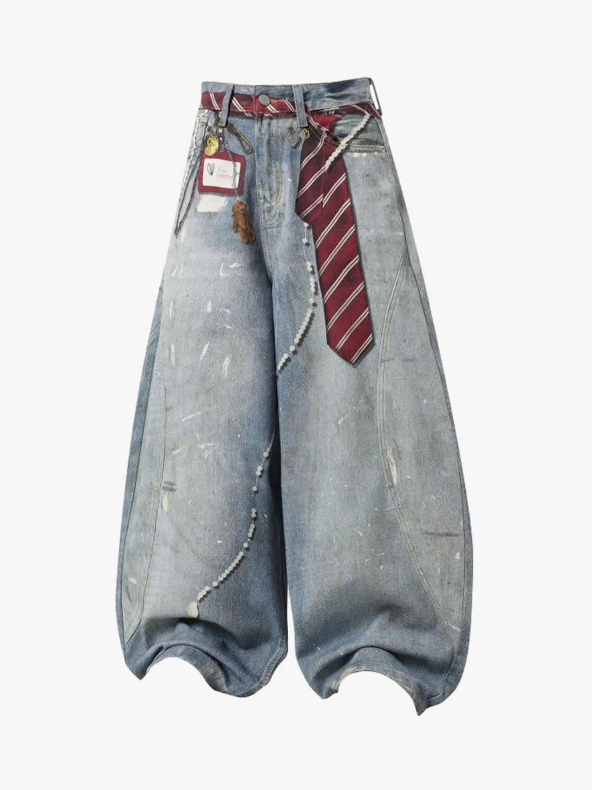 Tie Graphic Print Vintage Wash Wide Leg Denim Jeans