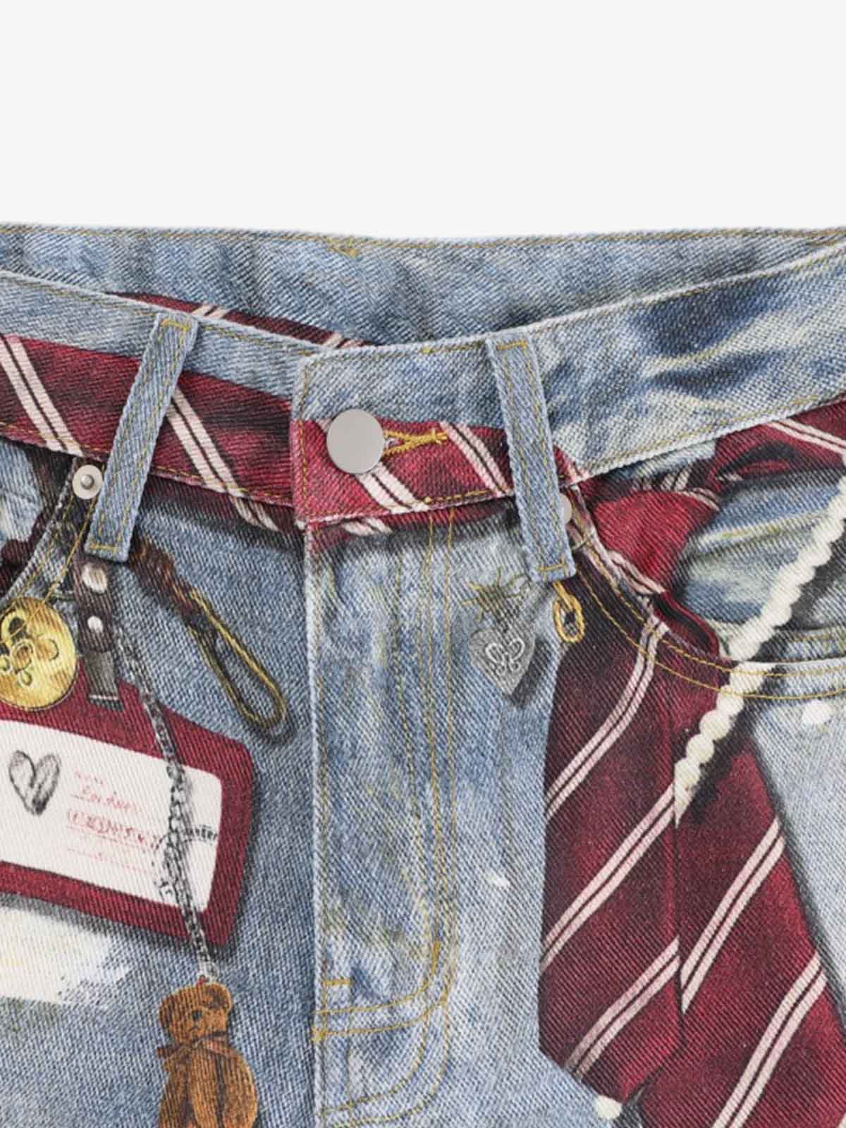 Tie Graphic Print Vintage Wash Wide Leg Denim Jeans - Image 11