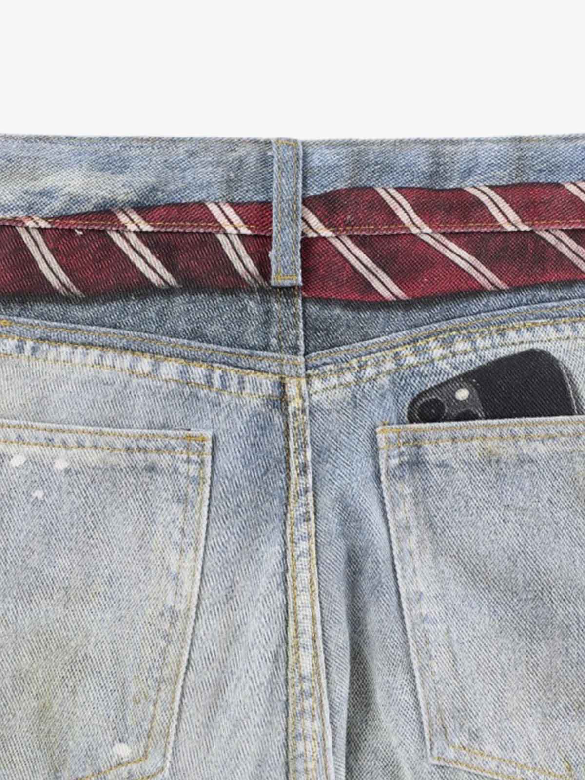 Tie Graphic Print Vintage Wash Wide Leg Denim Jeans - Image 12