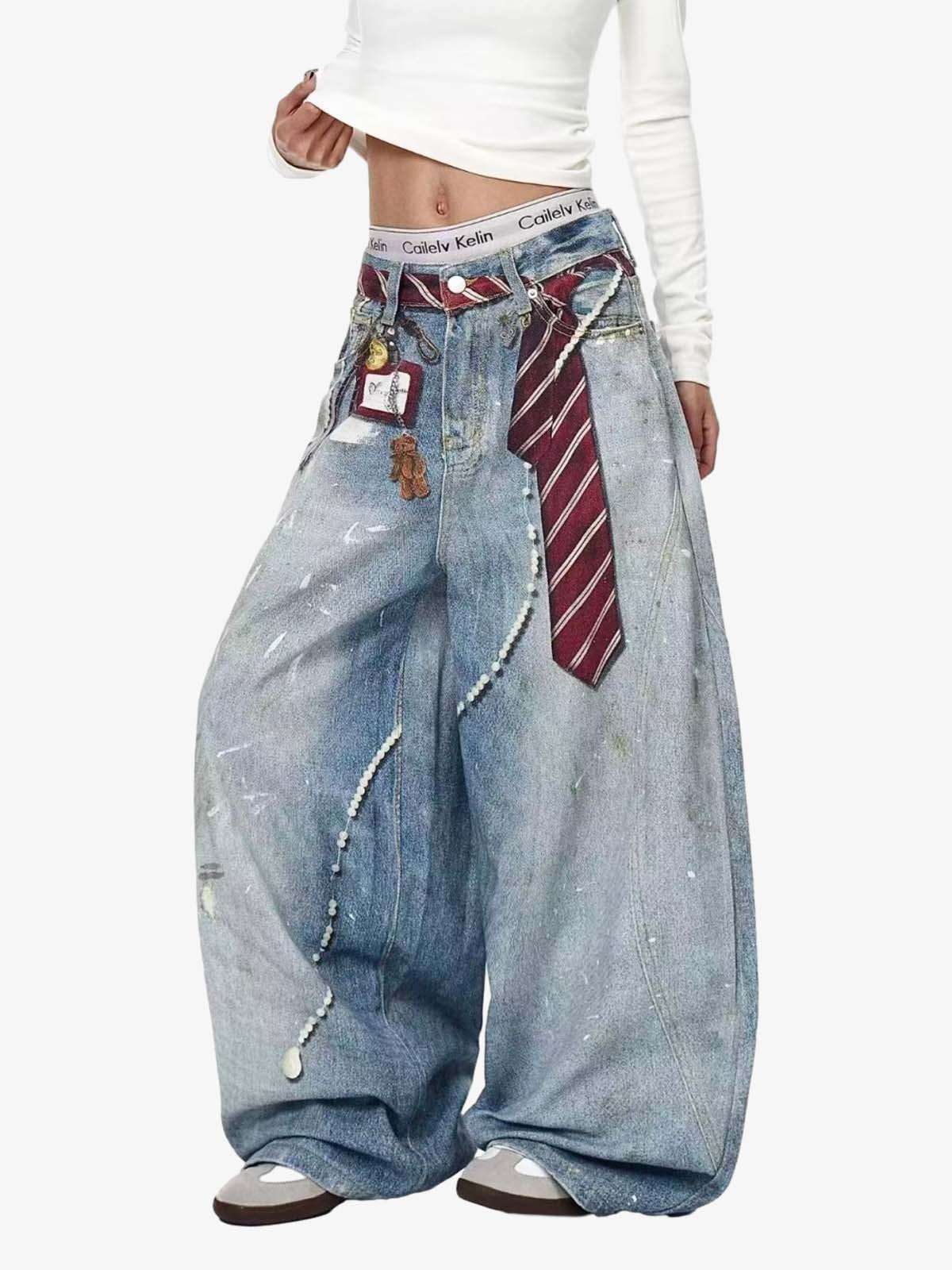 Tie Graphic Print Vintage Wash Wide Leg Denim Jeans - Image 3