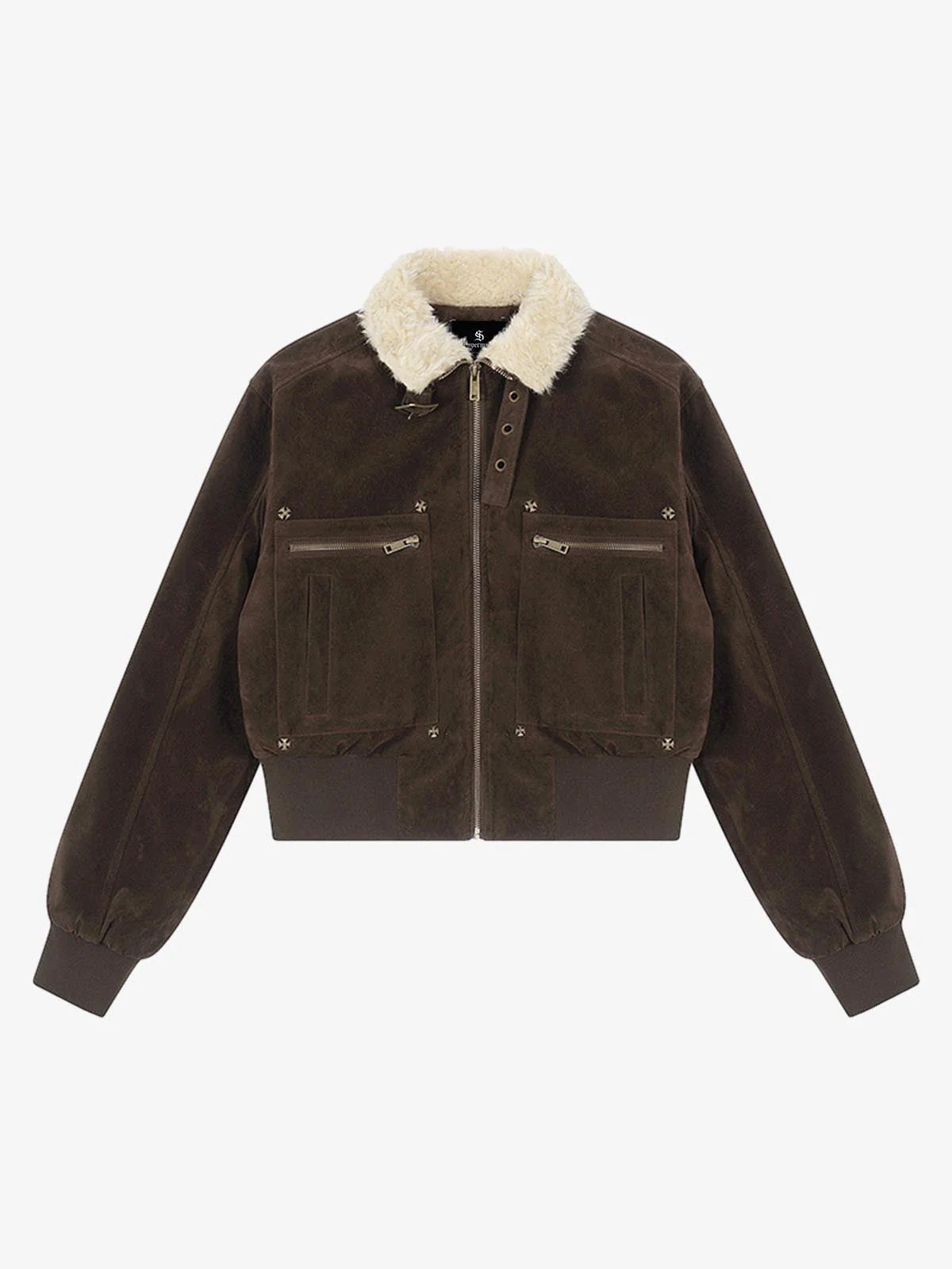 Utility Faux Shearling Collar Suede Look Zip Up Jacket - Image 6