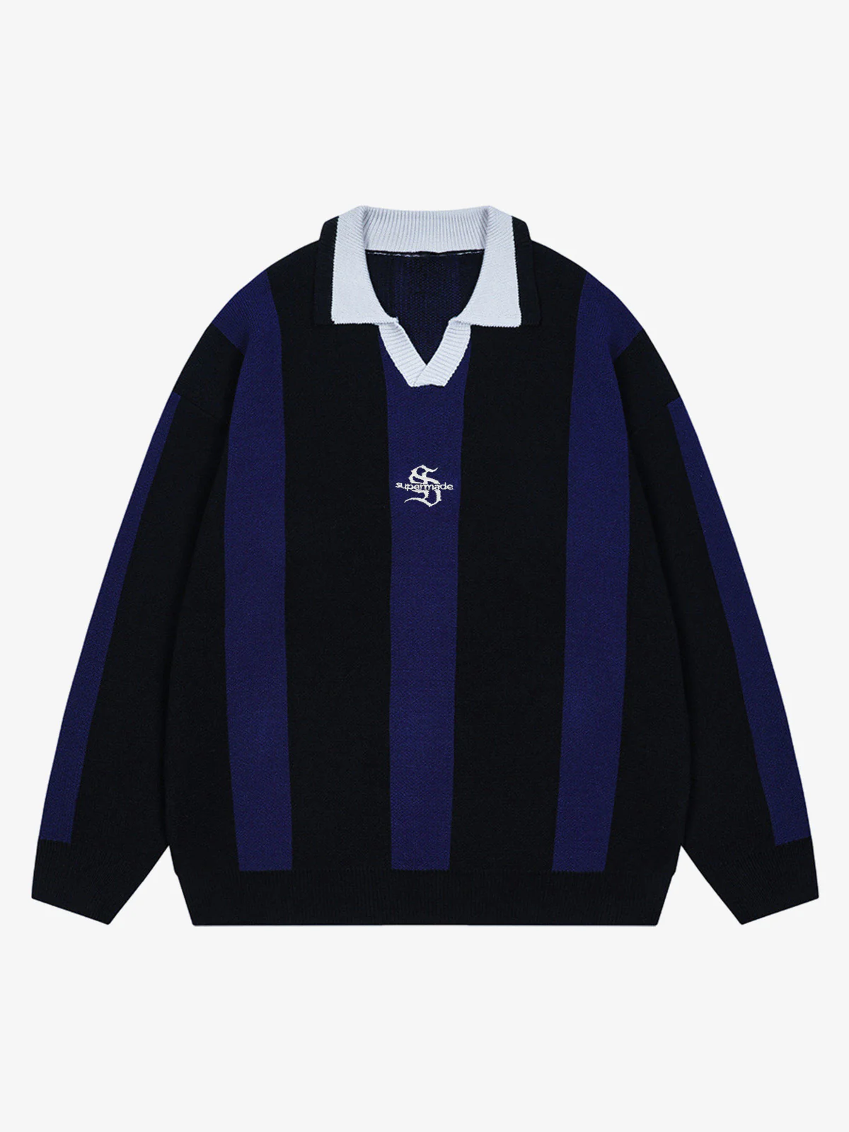 Vertical Striped Colorblock Lapel Sweater - Image 2