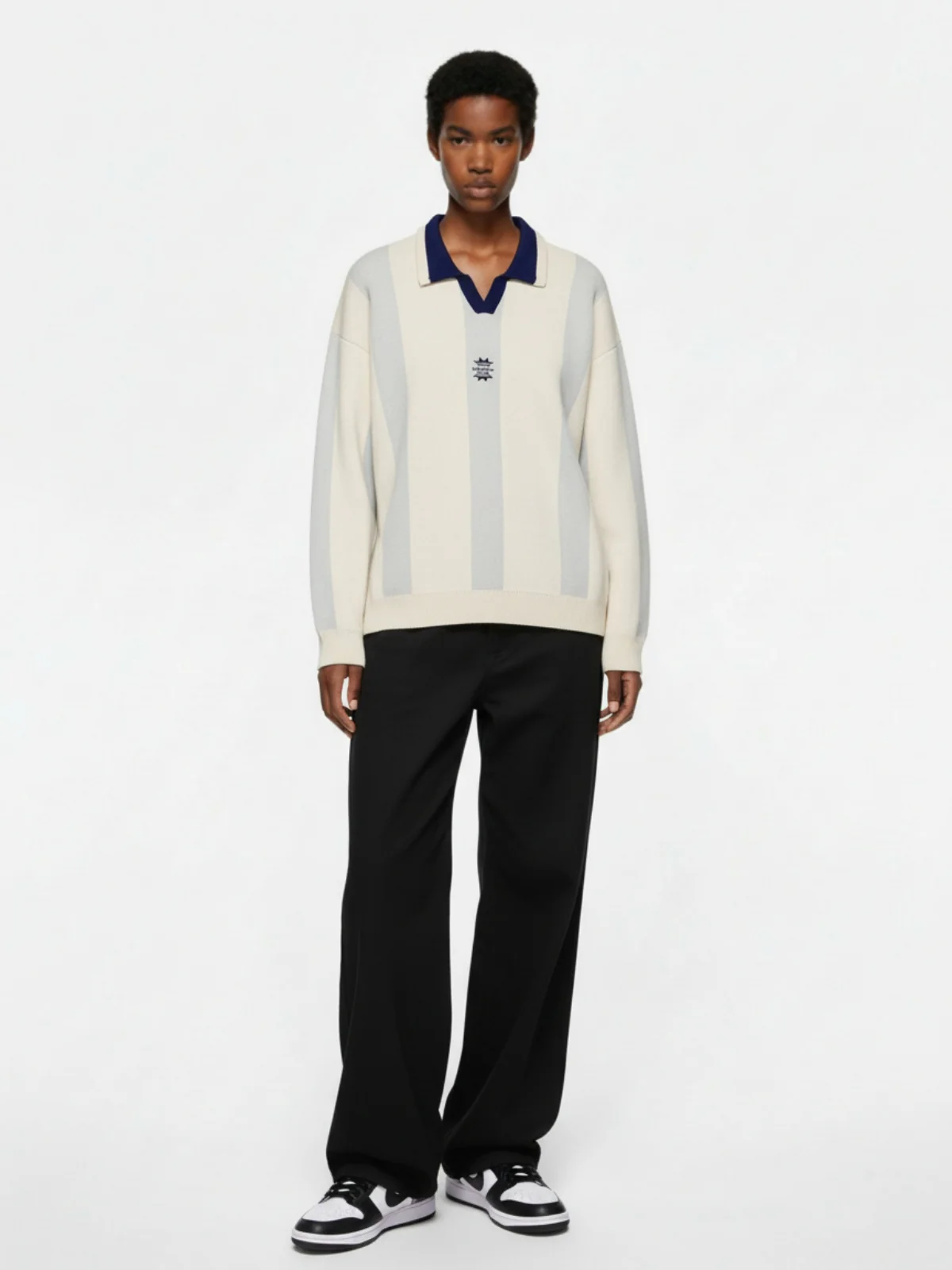 Vertical Striped Colorblock Lapel Sweater - Image 3