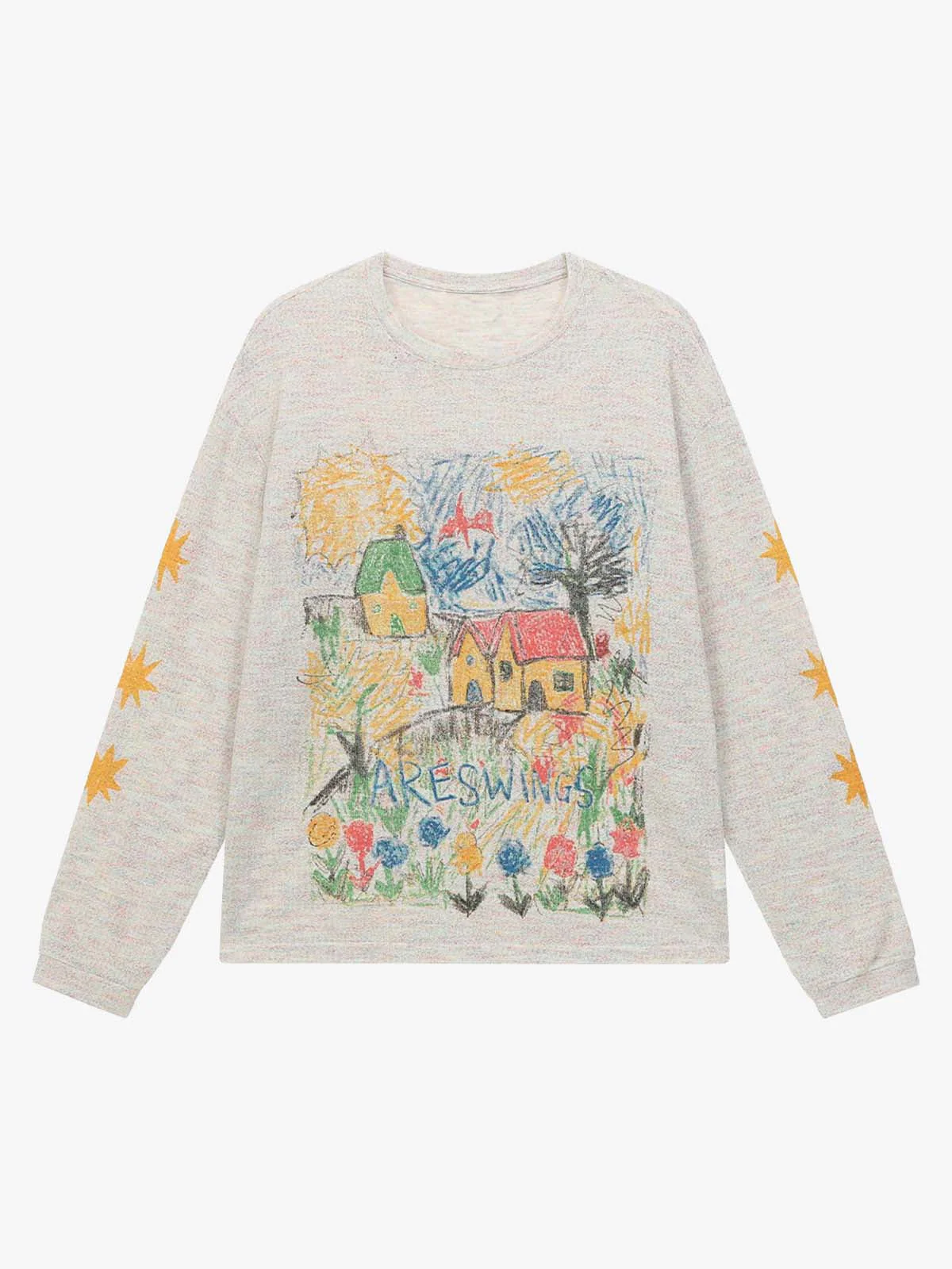 Village Hand-Drawn Colorful Print Long Sleeve T-Shirt