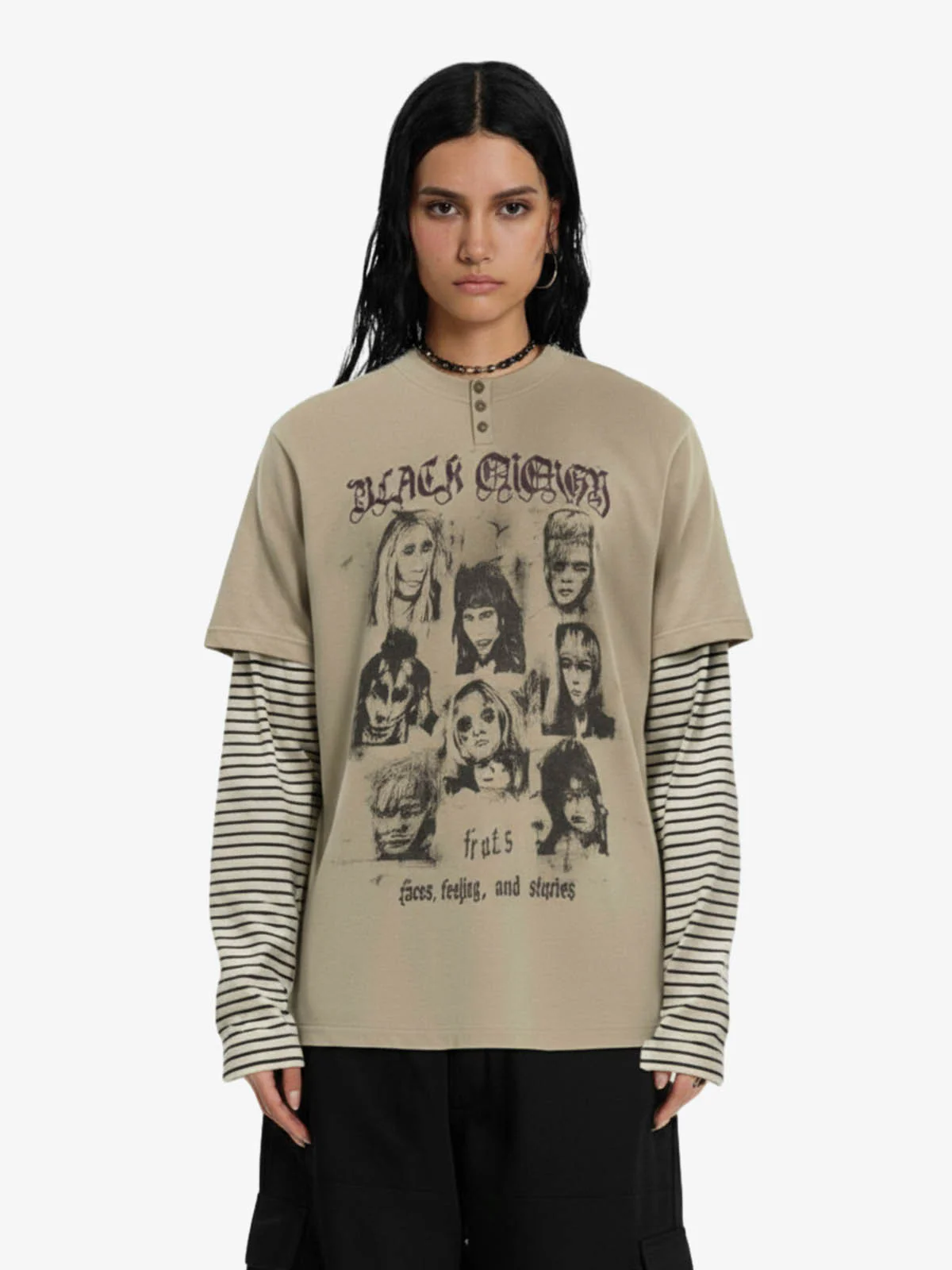 Vintage Band Portrait Graphic Layered Henley T-Shirt