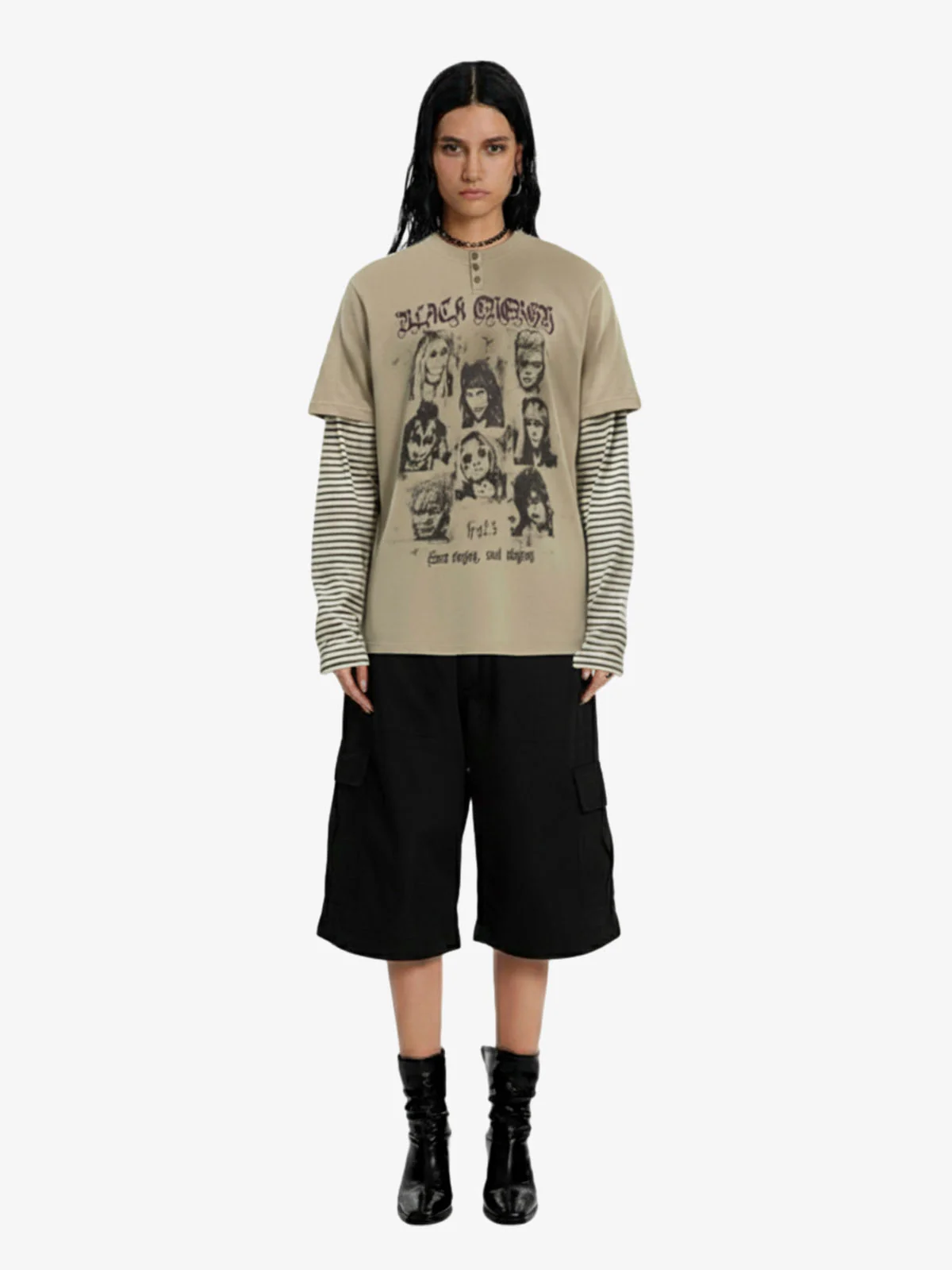 Vintage Band Portrait Graphic Layered Henley T-Shirt - Image 4