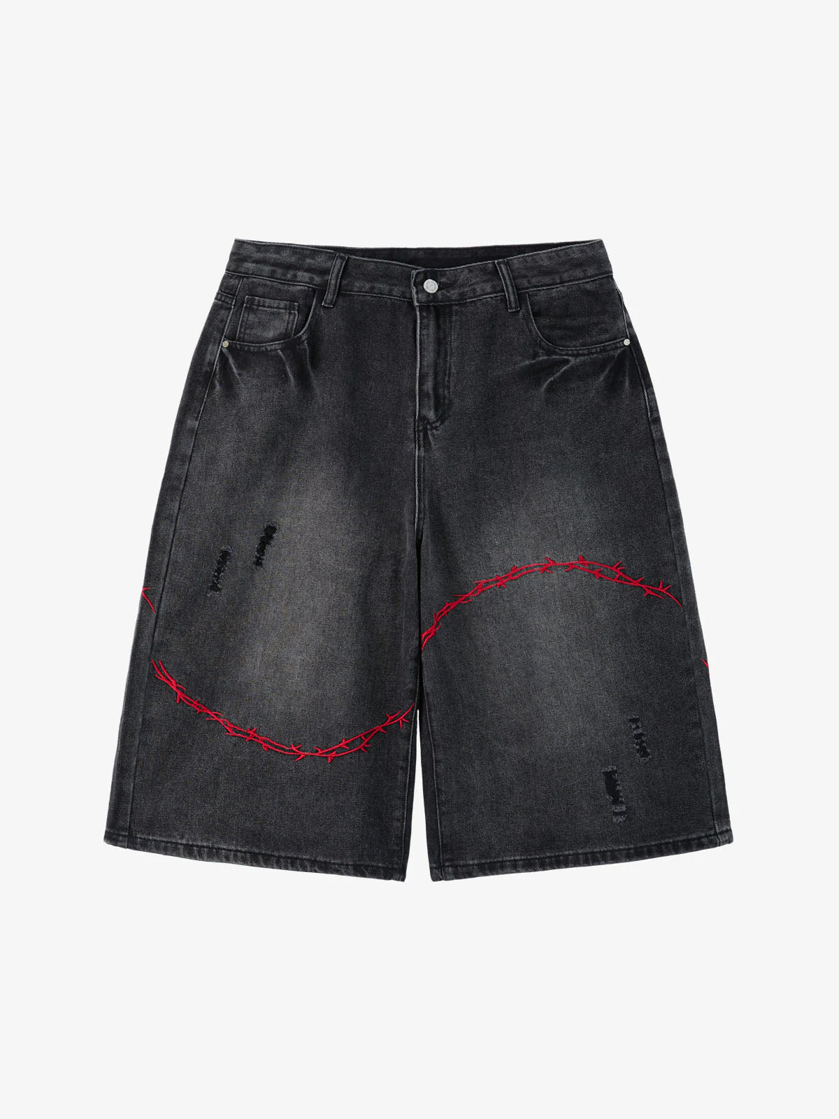 Vintage Barbed Wire Embroidery Distressed Washed Denim Jorts - Image 2