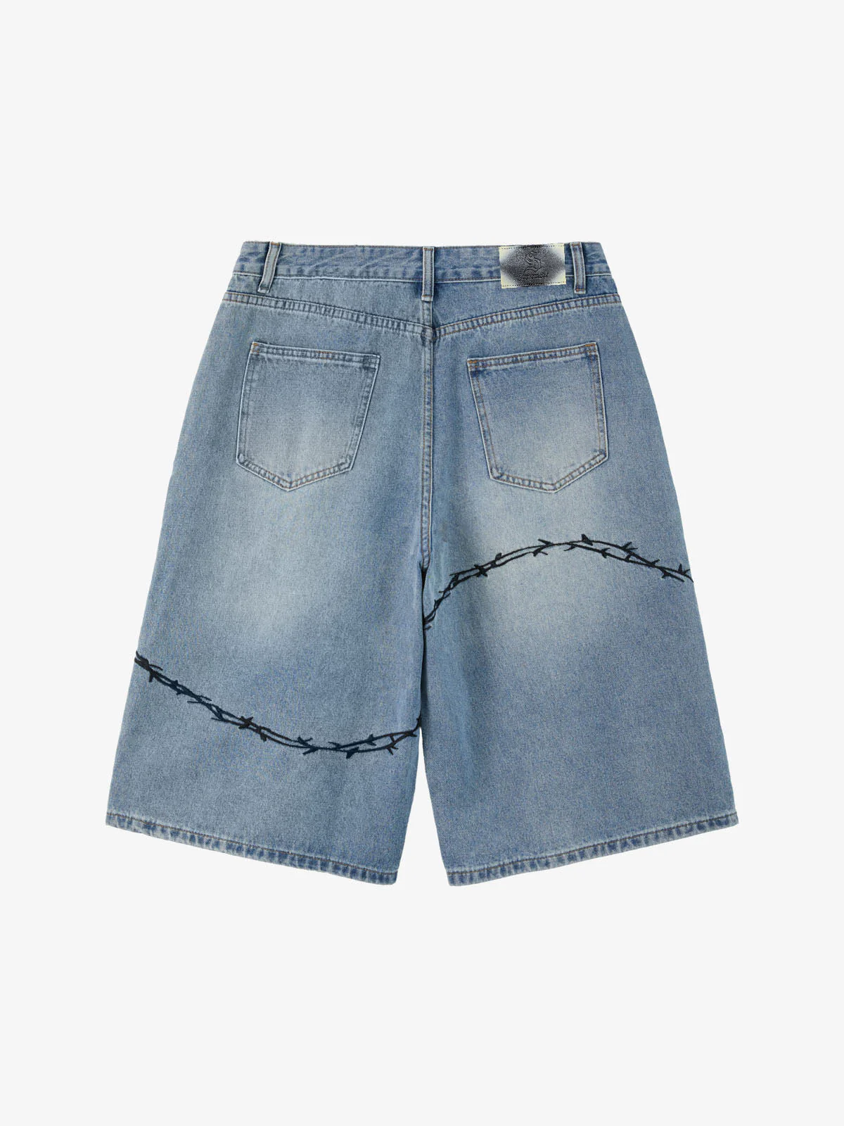 Vintage Barbed Wire Embroidery Distressed Washed Denim Jorts - Image 3