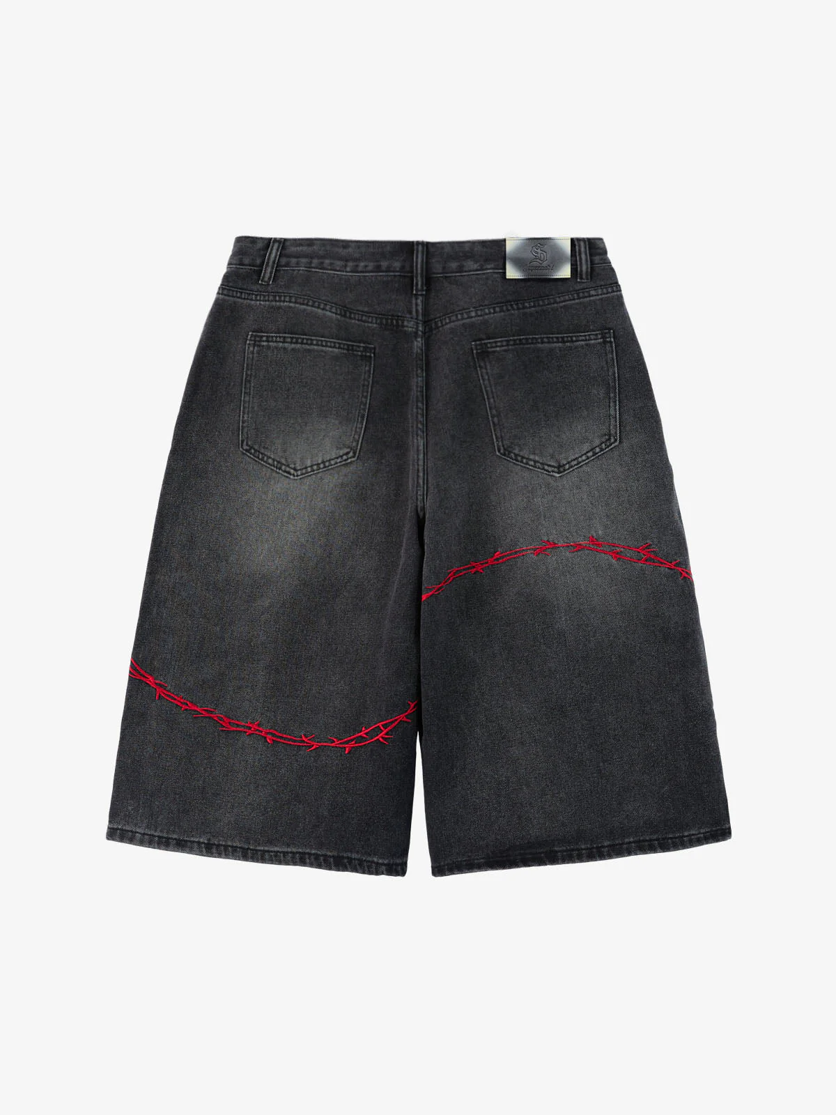 Vintage Barbed Wire Embroidery Distressed Washed Denim Jorts - Image 4