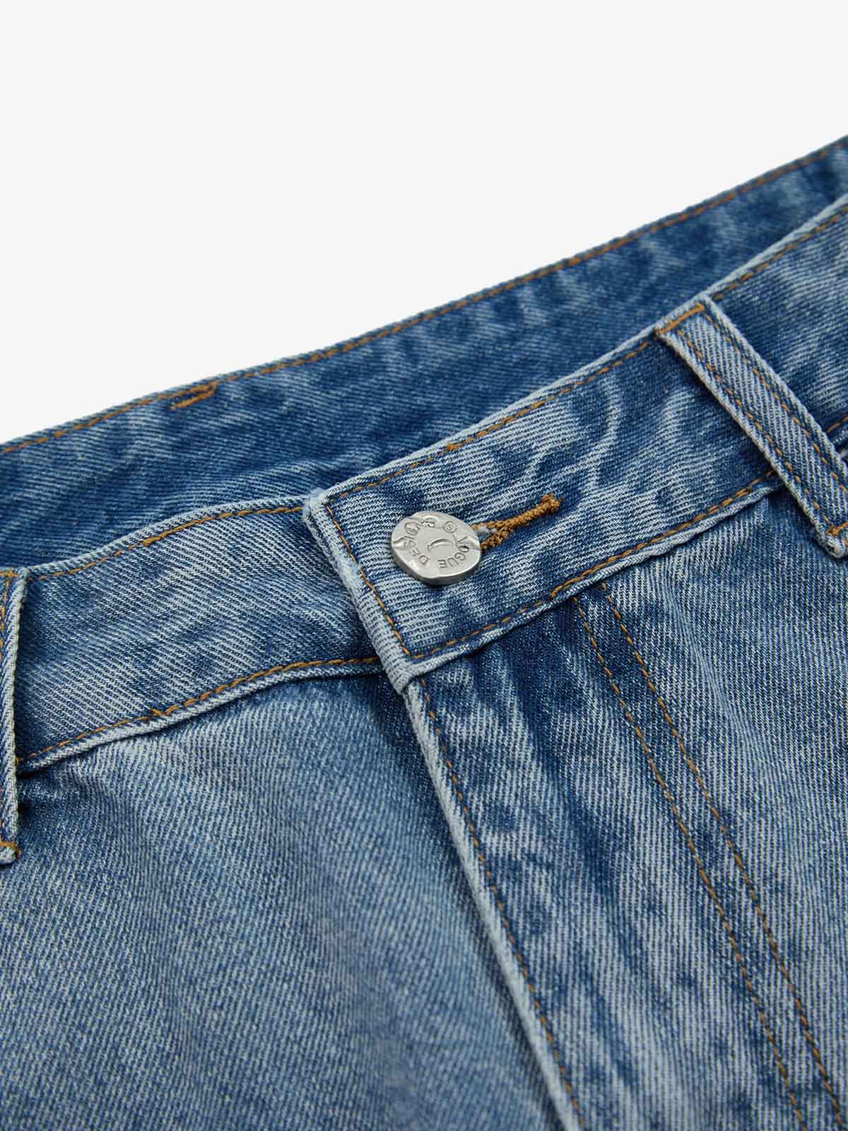 Vintage Barbed Wire Embroidery Distressed Washed Denim Jorts - Image 5