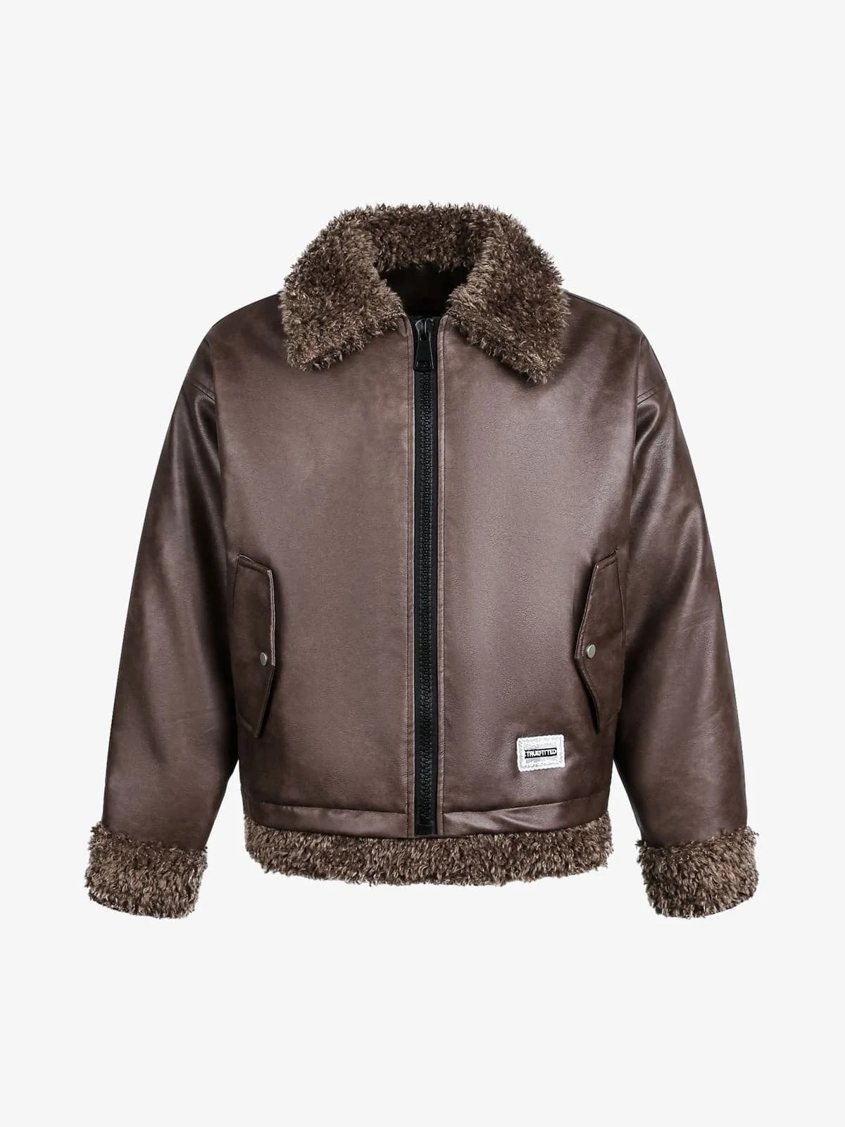 Vintage Brown Faux Fur Trim Faux Leather Padded Bomber Jacket - Image 2