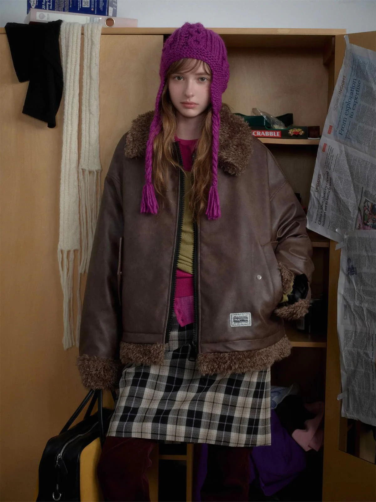 Vintage Brown Faux Fur Trim Faux Leather Padded Bomber Jacket - Image 4