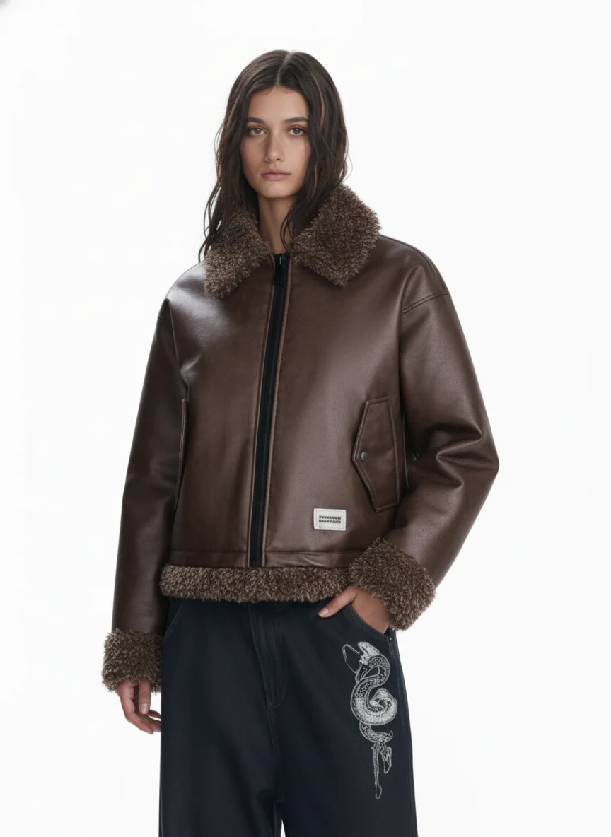 Vintage Brown Faux Fur Trim Faux Leather Padded Bomber Jacket - Image 7