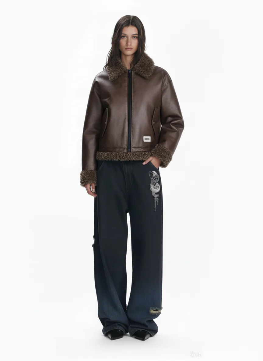 Vintage Brown Faux Fur Trim Faux Leather Padded Bomber Jacket - Image 8