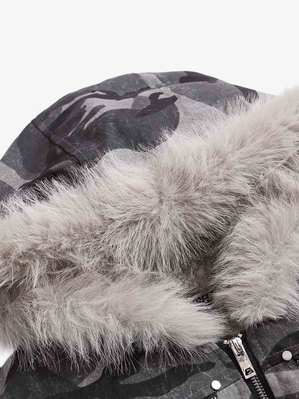 Vintage Camo Faux Fur Hood Padded Bomber Jacket - Image 11