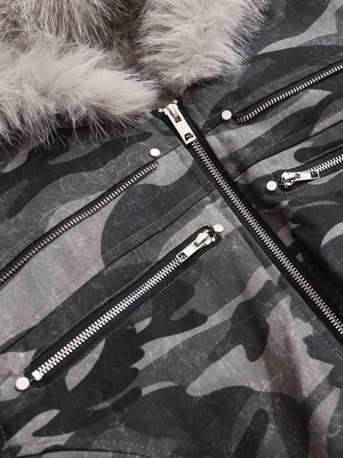 Vintage Camo Faux Fur Hood Padded Bomber Jacket - Image 14