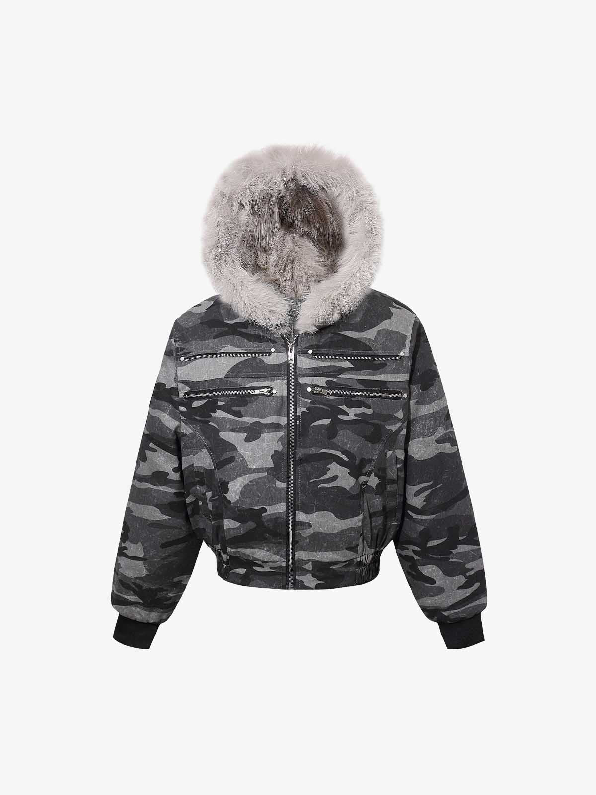 Vintage Camo Faux Fur Hood Padded Bomber Jacket - Image 6