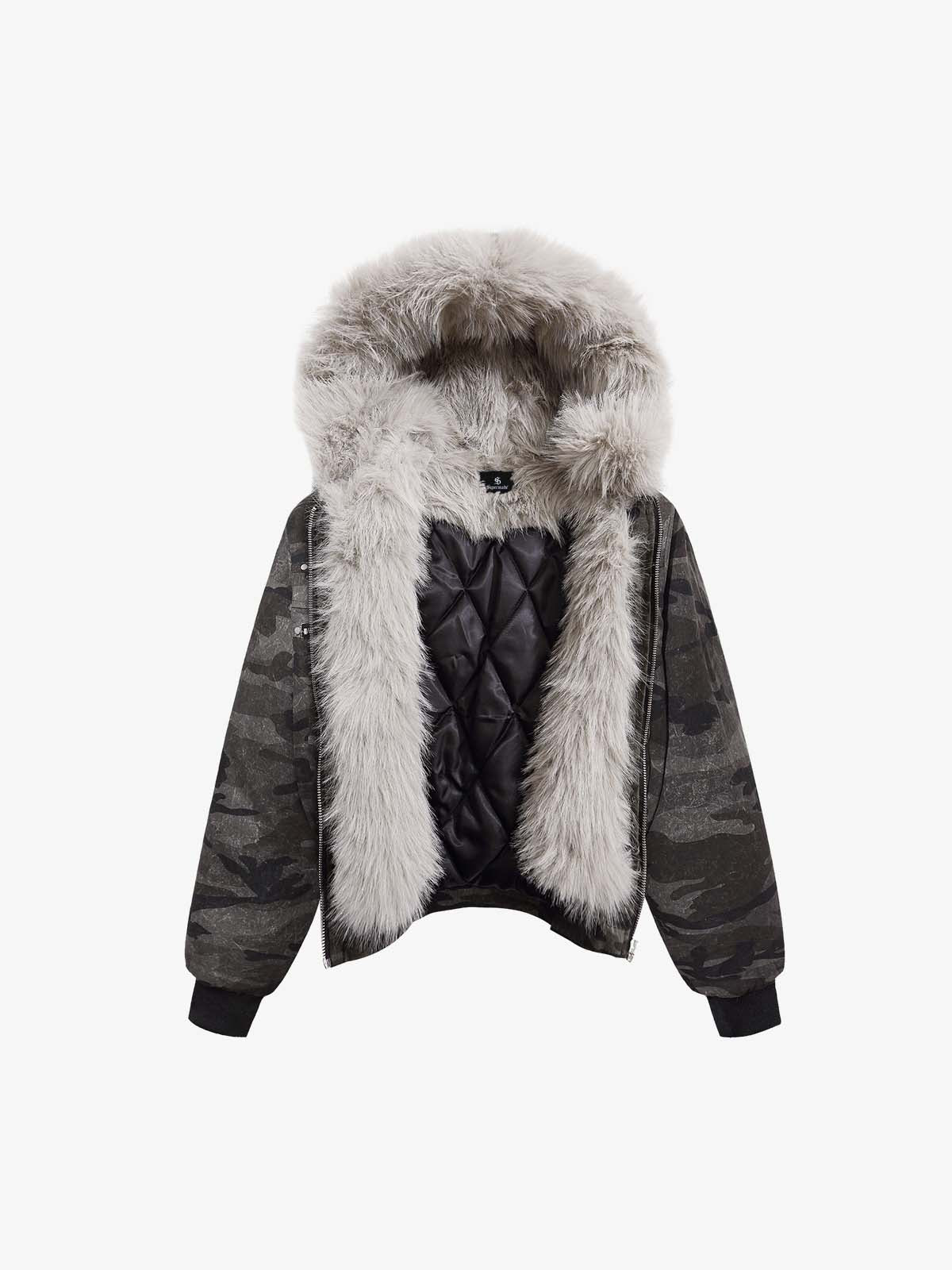Vintage Camo Faux Fur Hood Padded Bomber Jacket - Image 8