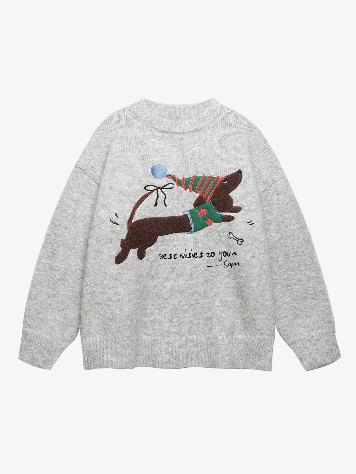Vintage Christmas Dog Embroidery Knit Sweater