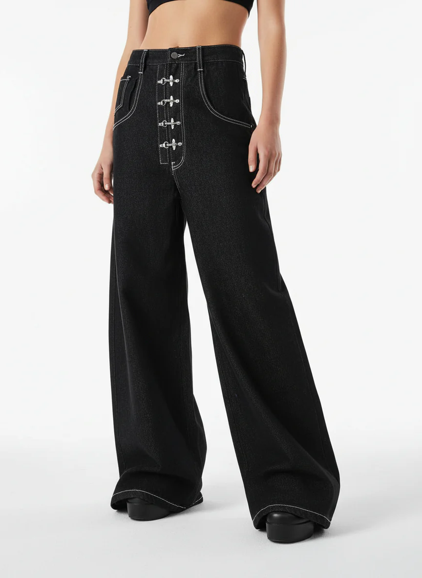 Vintage Contrast Stitch Button-Up Scimitar Jeans