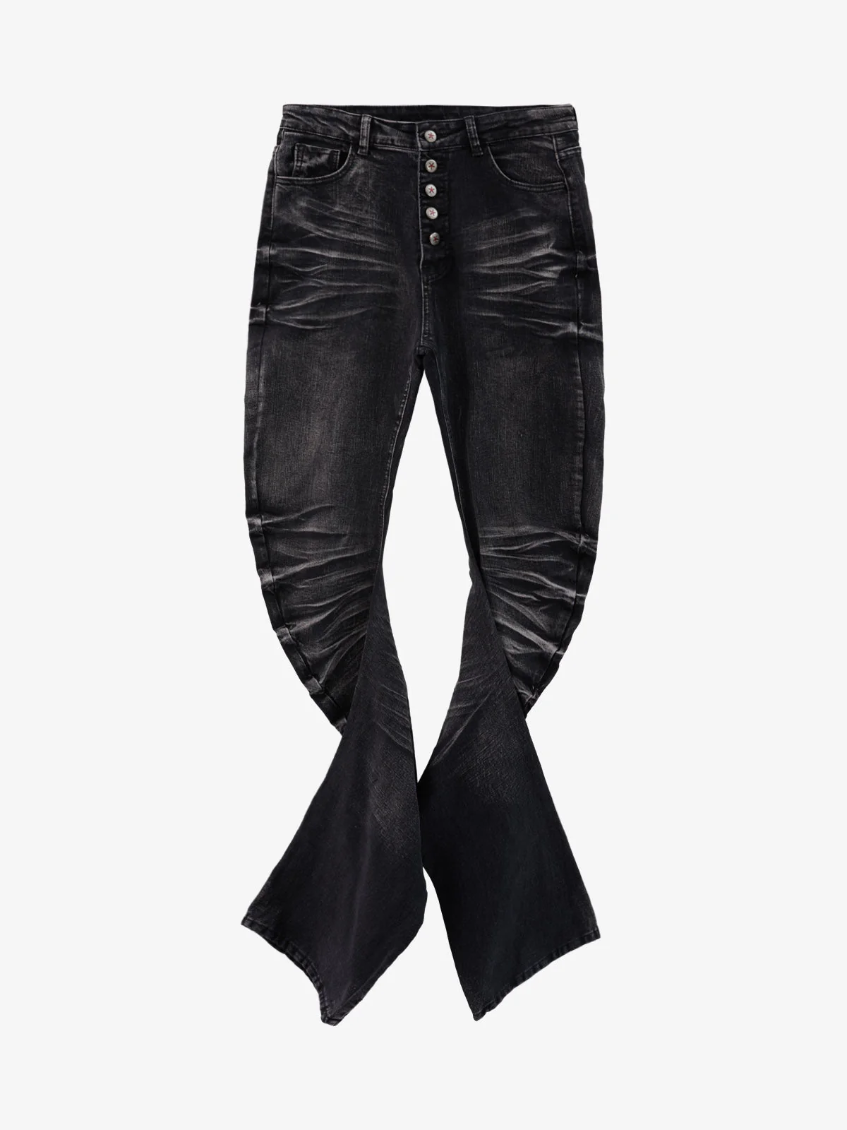 Vintage Distressed Button Fly Ruched Panel Flared Jeans