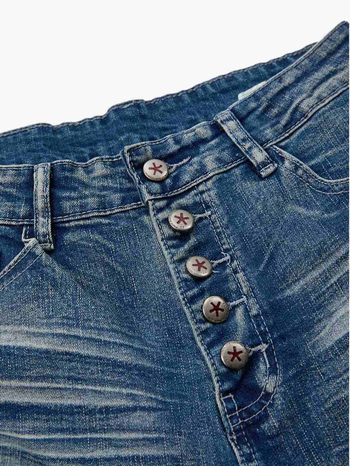 Vintage Distressed Button Fly Ruched Panel Flared Jeans - Image 14