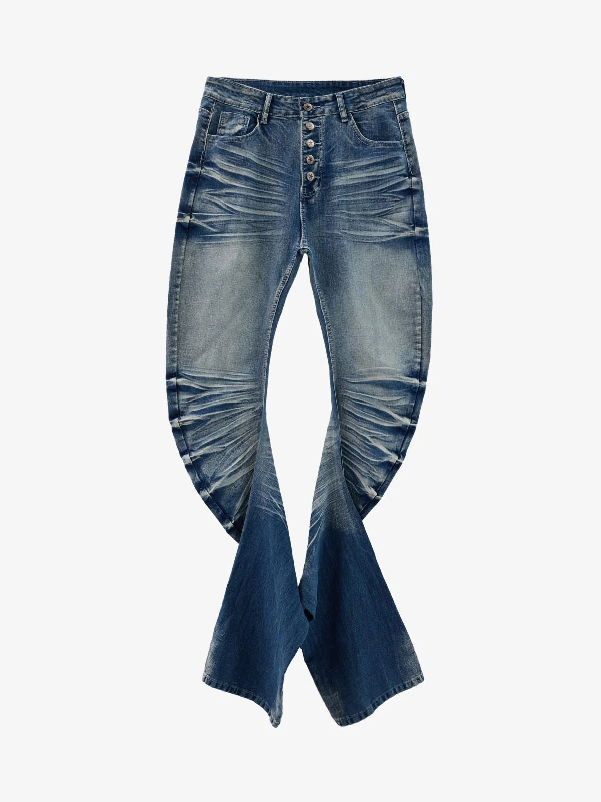 Vintage Distressed Button Fly Ruched Panel Flared Jeans - Image 2